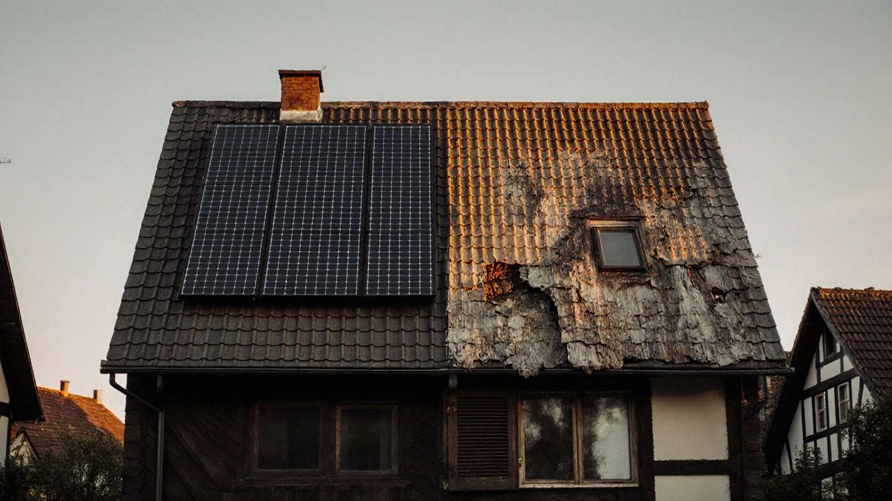 Gespaltenes Dach: moderne Bitumen-Schindeln mit Solaranlage vs. veraltetes Holzdach