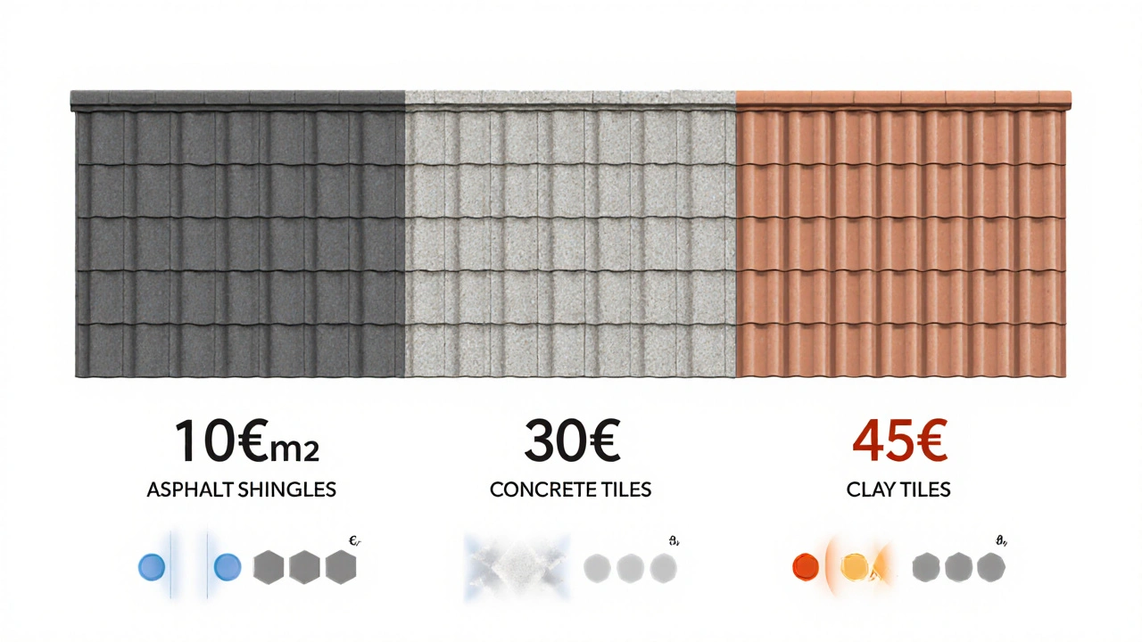 Visueller Kostenvergleich von Dachmaterialien: Bitumen, Beton und Tonziegel