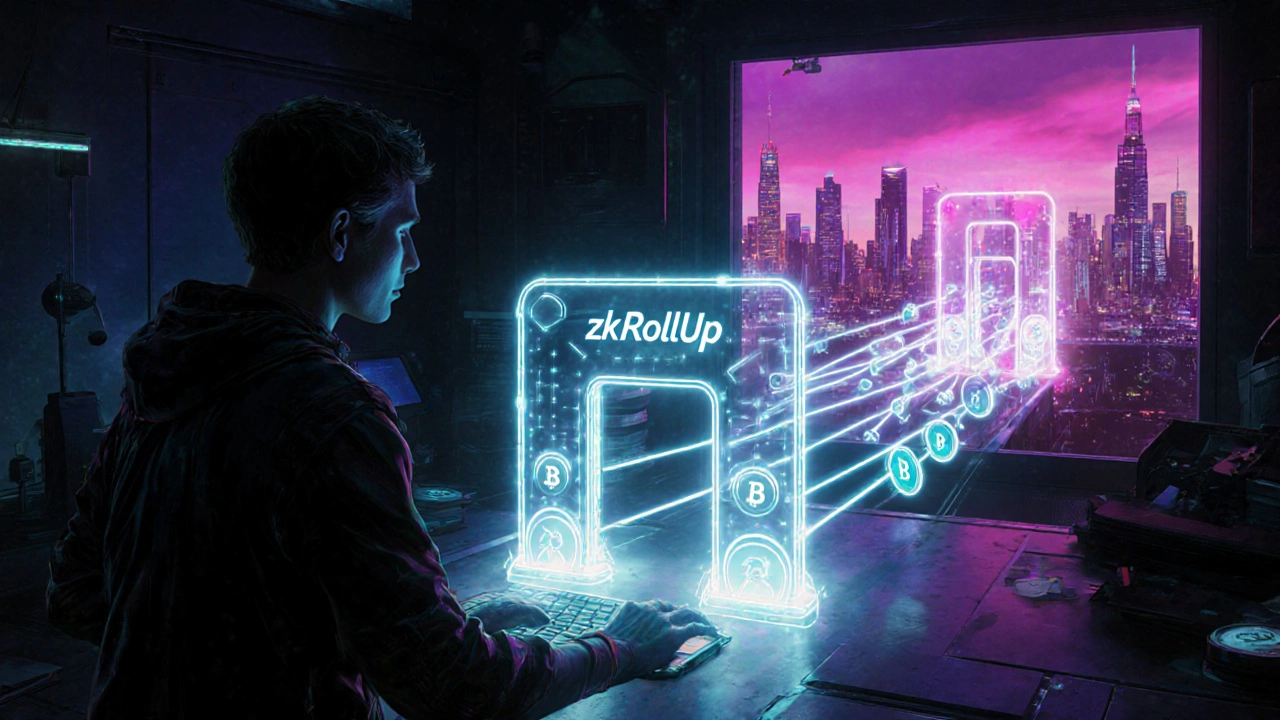 Cyberpunk‑Szene eines Nutzers, der über ein holografisches Interface eine zk‑Rollup‑Brücke betritt.