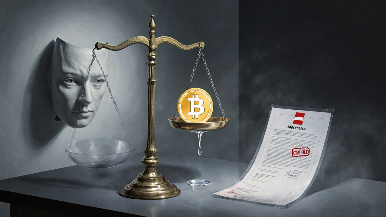Dunkles Büro mit Phishing‑Maske, Waage, Token und österreichisch gefärbtem Dokument, Symbol für Risiken und Recht.