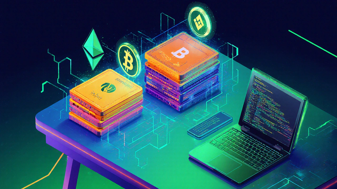 Isometrische Arbeitsfläche mit drei Hardware‑Wallets, schwebenden Blockchain‑Icons und einem Laptop ohne lesbaren Text.