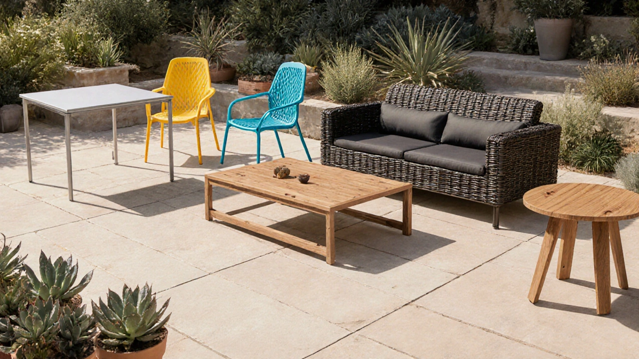 Aufstellung von Gartenmöbeln aus Aluminium, Kunststoff, Rattan, Teak und Eiche.