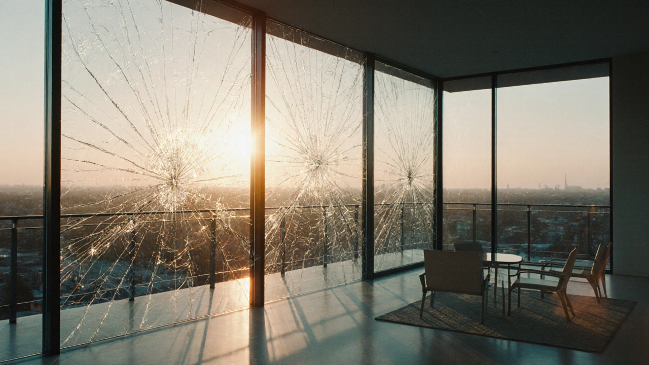 Balkon mit VSG‑Glas, Sonnenlicht bricht durch, leichte Risse bleiben dank Zwischenschicht zusammen.