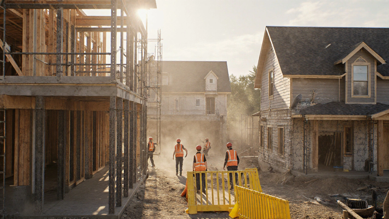 Baustelle einer Komplettsanierung mit Handwerkern, die Tragwerk, Haustechnik und Fassadenarbeiten ausführen.