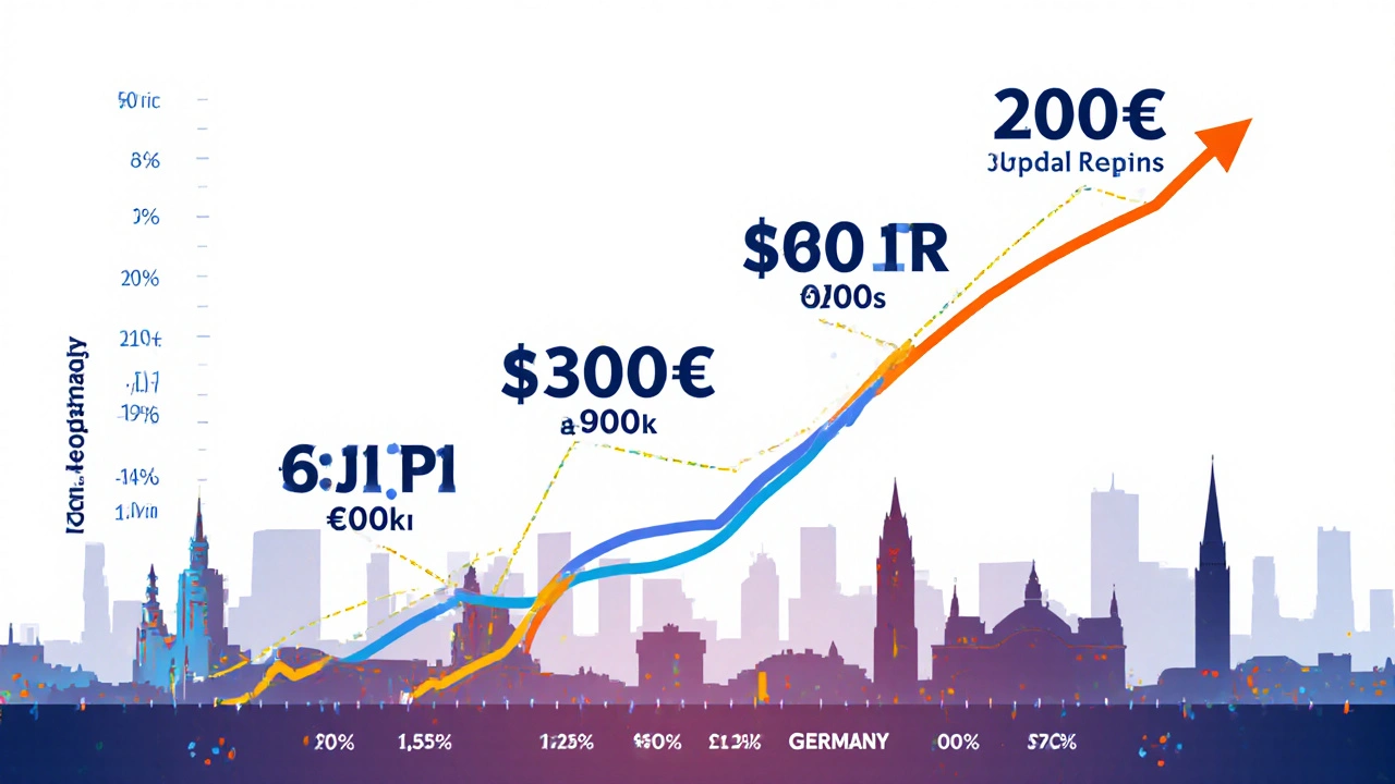 Diagramm der degressiven Notarkosten bei Immobilienkäufen in Deutschland, visualisiert als Kurve über Stadtsilhouette.