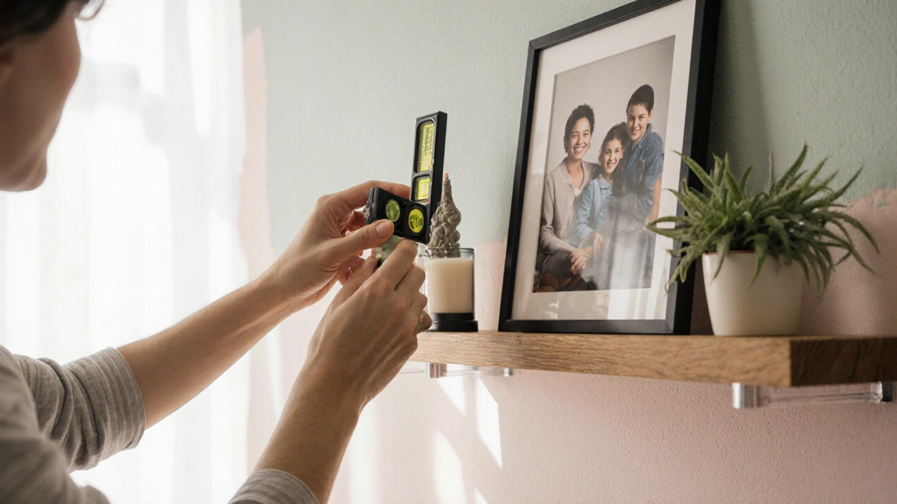 DIY-Fotowand mit Familienbildern, kleiner Regal und dekorativen Gegenständen, arrangiert auf Augenhöhe.