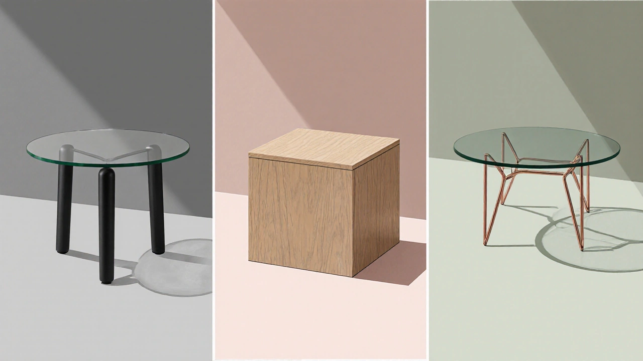 Drei Couchtische – rund, quadratisch und oval – mit mattem Schwarz, Roségold und gedämpftem Grün, nebeneinander.