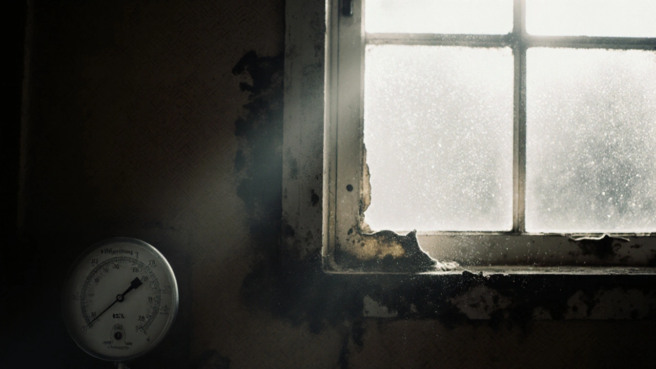 Dunkles Zimmer mit kondensierenden Fenstern und verstecktem Schimmel hinter abgefallener Tapete.