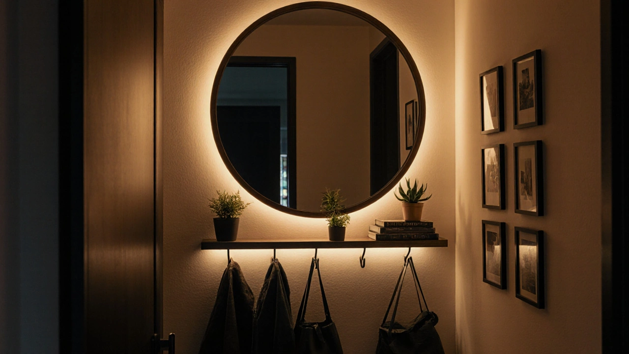 Fertig gestaltete Wand mit Spiegel, Haken, LED‑Lichtleiste und Fotowand, abends beleuchtet.