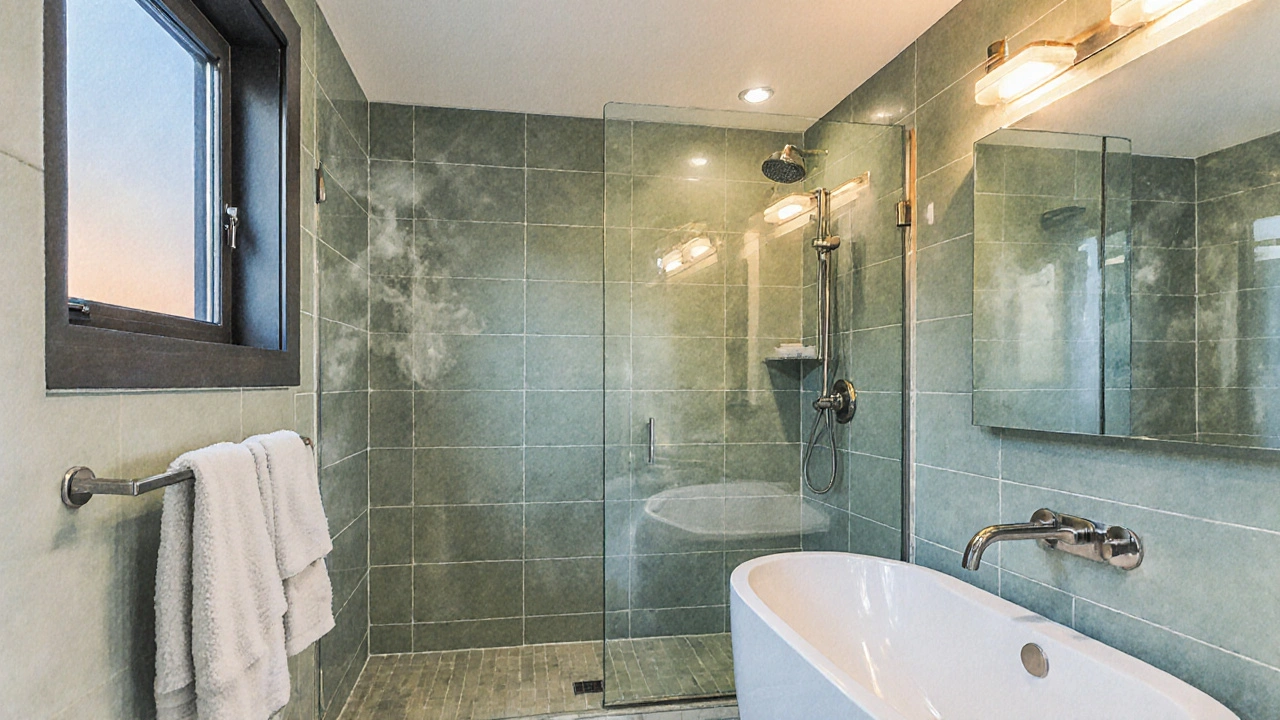 Fertig gestaltetes modernes Bad mit Badewanne, Glasdusche und warmem Licht.