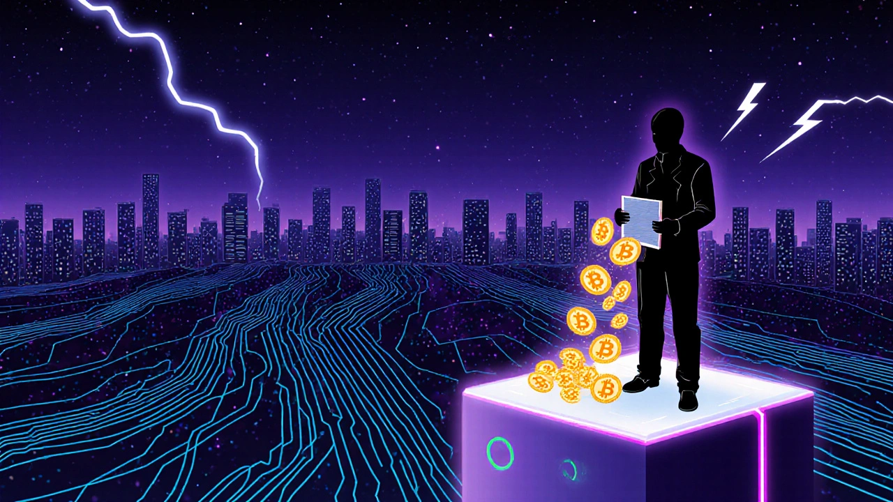 Futuristische Stadt mit Datenströmen, in denen Miner nur noch Transaktionsgebühren erhalten.