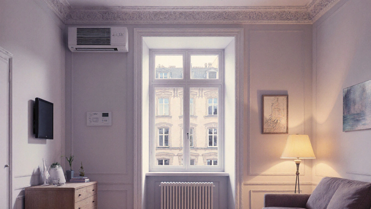 Gemütliches Zimmer im Altbau mit moderner Thermostat, neuen Fenstern und Lüftung.