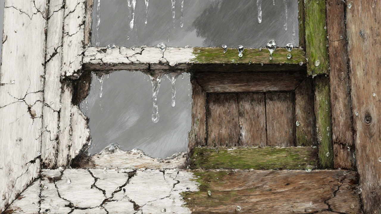 Gespaltenes Holzfenster: eine Seite mit abblätterndem Lack und faulendem Holz, andere Seite mit intakter Lasur und Holzmaserung.