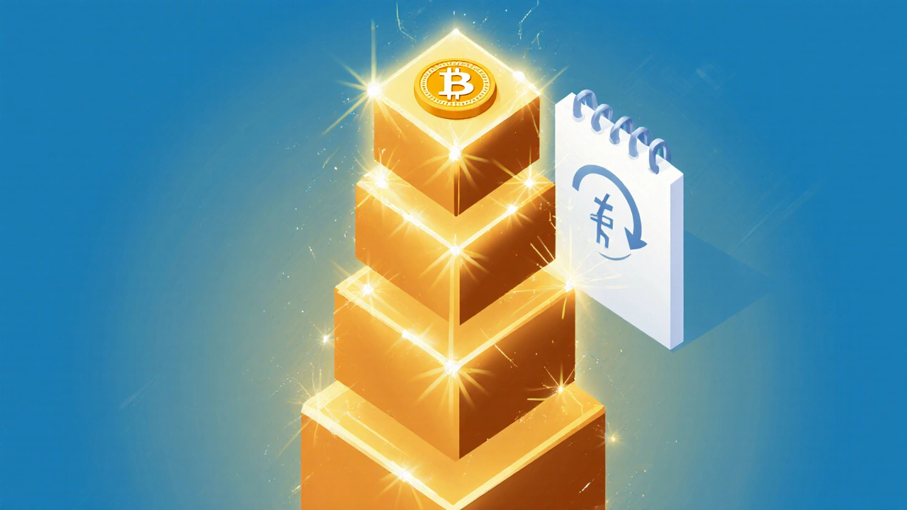 Gestapelte Blöcke zeigen schrittweise Halbierung des Bitcoin‑Rewards von 50 auf 6,25.