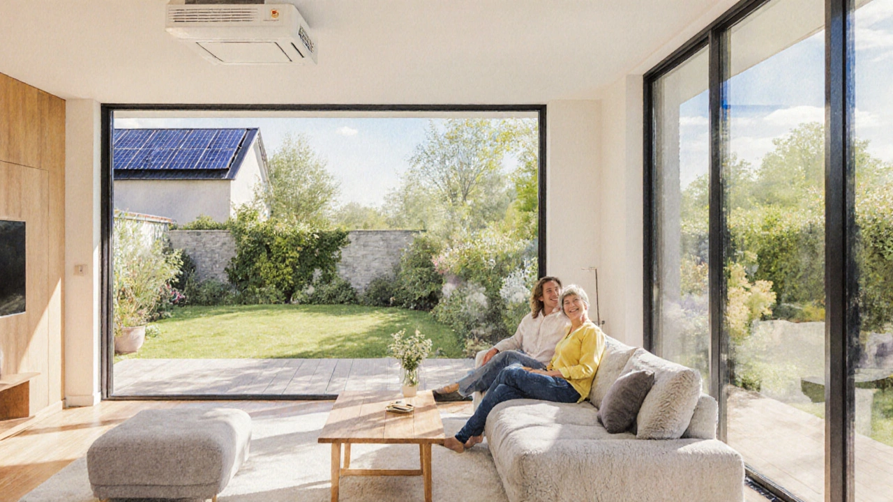 Glückliche Familie im frisch renovierten Wohnraum, große Fenster, Solarzellen und Wärmepumpe im Hintergrund.