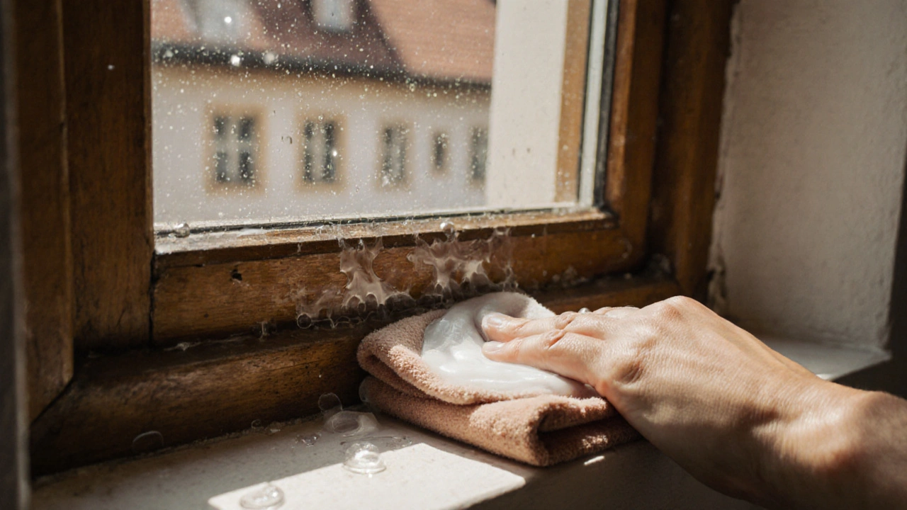Hand bringt Pflegemittel mit Tuch auf den unteren Fensterrahmen auf, Wasserperlen laufen ab, Sonnenlicht fällt durch das Fenster.