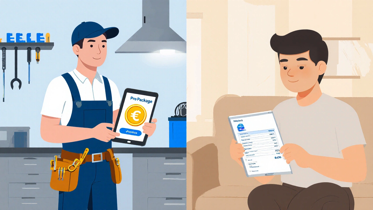Handwerker mit Pro‑Paket‑Badge und Auftraggeber prüft Servicegebühr auf Tablet.