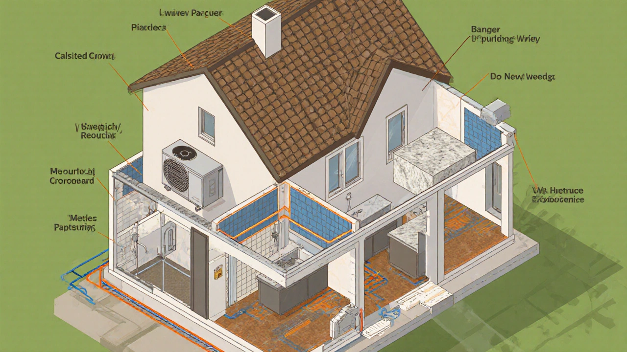 Isometrische Ansicht eines Hauses im Umbau, die einzelnen Gewerke wie Heizung, Sanitär, Dach und Elektro zeigen.