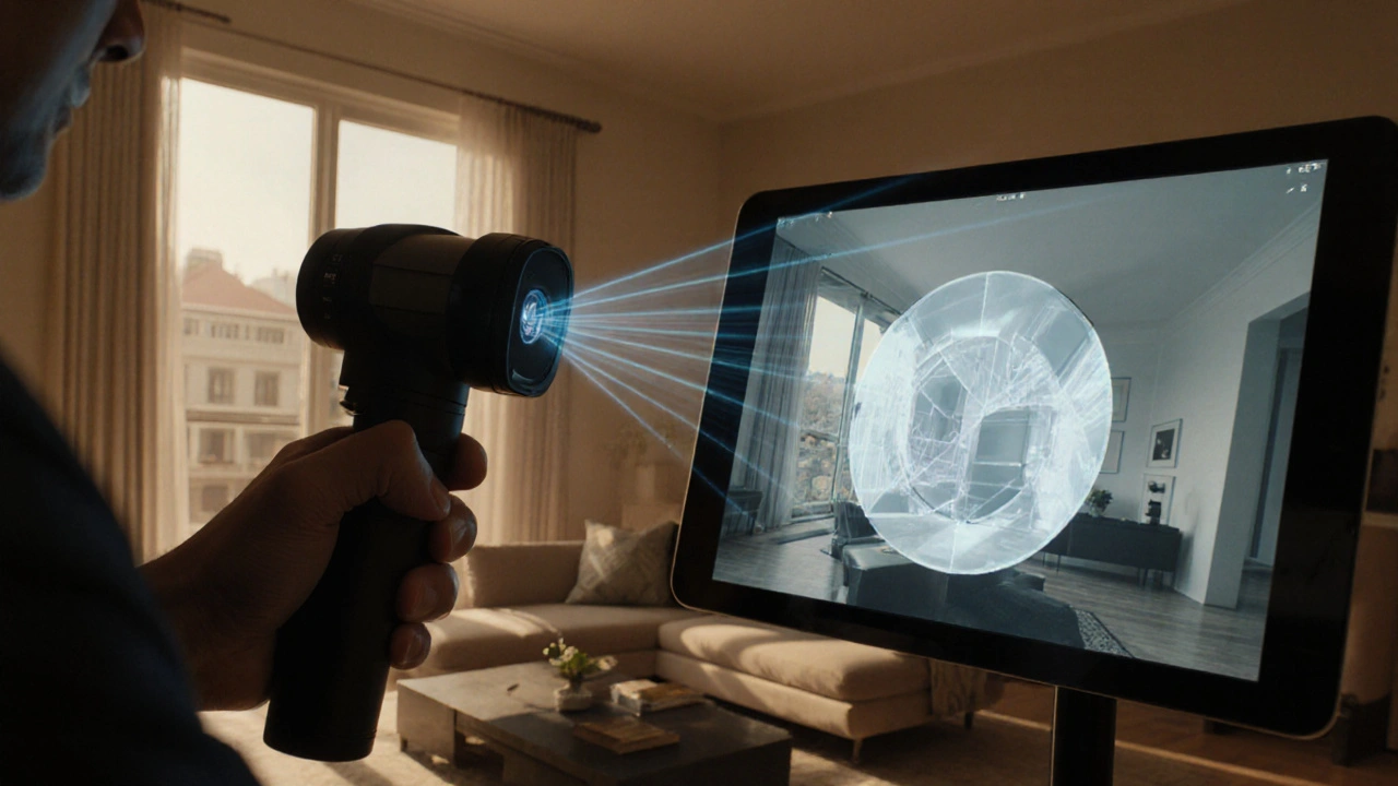 Makler scannt Wohnraum mit 3D‑Kamera, Tablet zeigt rotierendes 3D‑Modell.