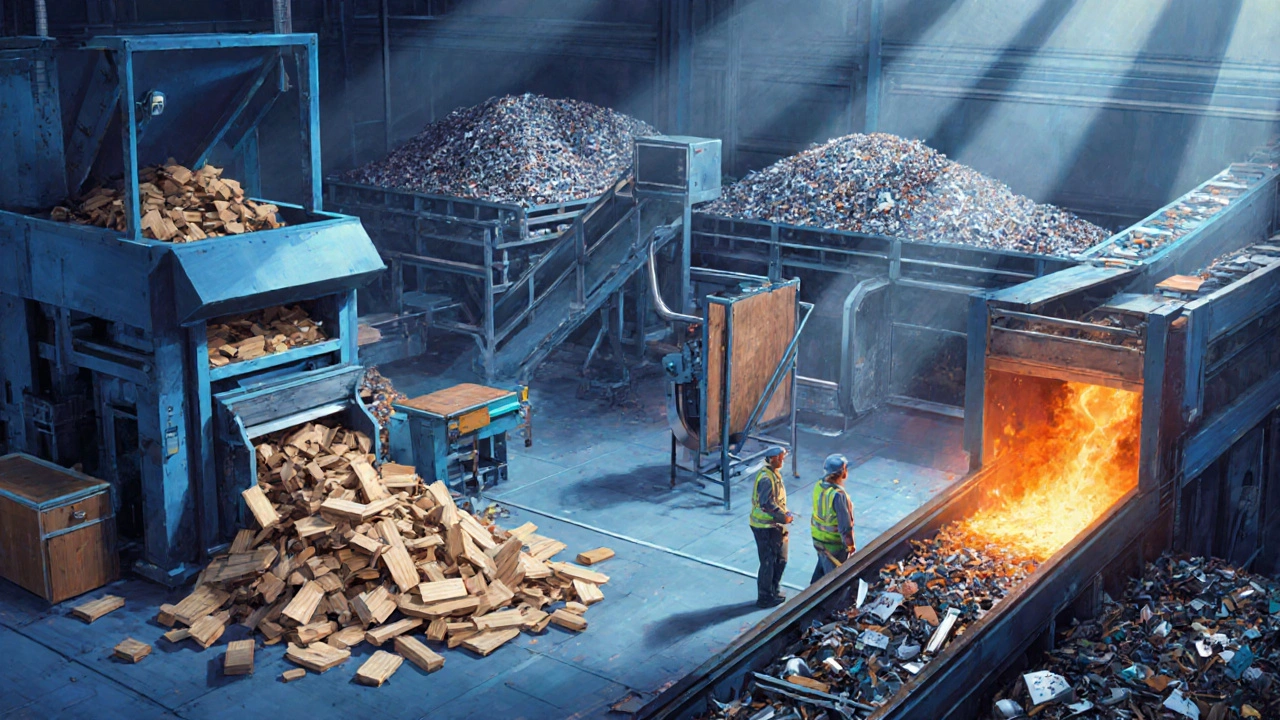 Möbel werden in einer Recyclinganlage in Holzspäne und Metall geschmolzen.