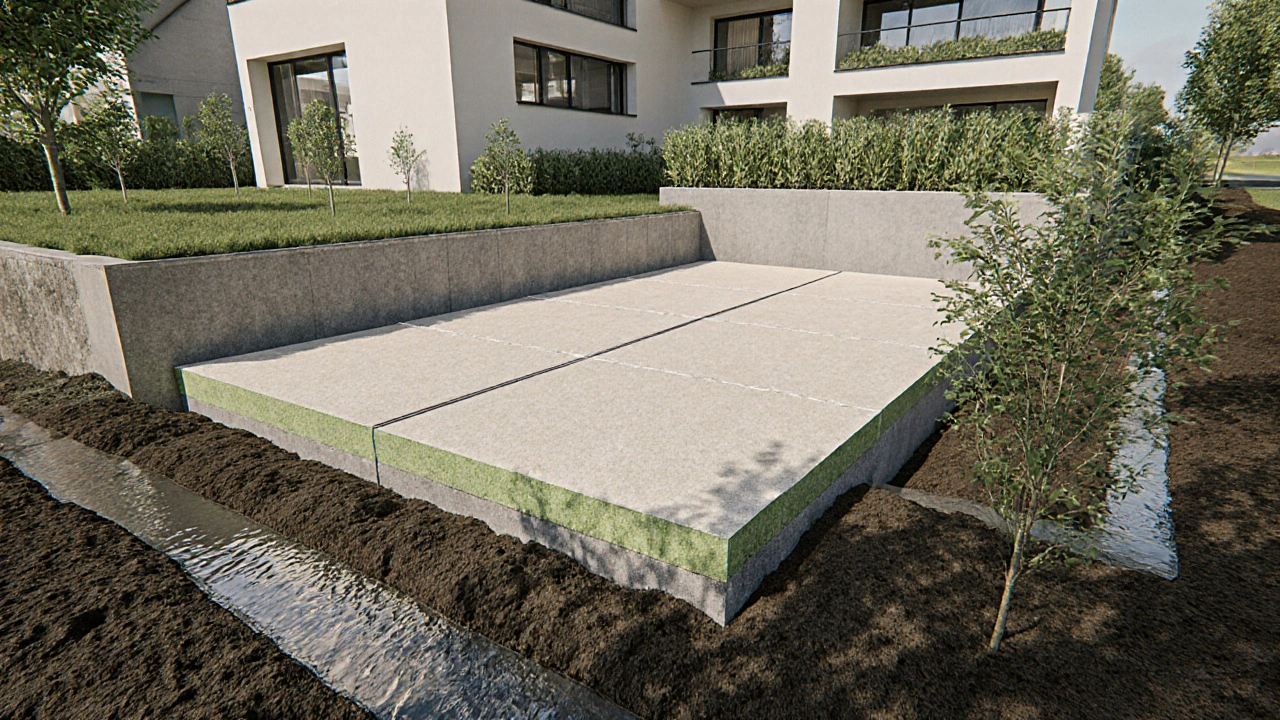 Modernes Haus mit recycelten Dämmplatten und Drainagesystem am Keller, symbolisiert zukünftige Nachhaltigkeit.