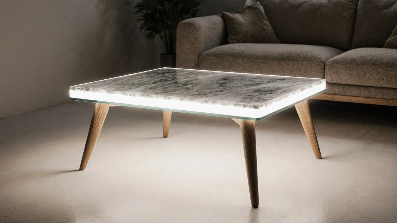 Nachhaltiger Couchtisch aus recyceltem Glas, FSC‑Holz und leuchtender LED‑Lichtleiste, futuristisches Wohnzimmer.