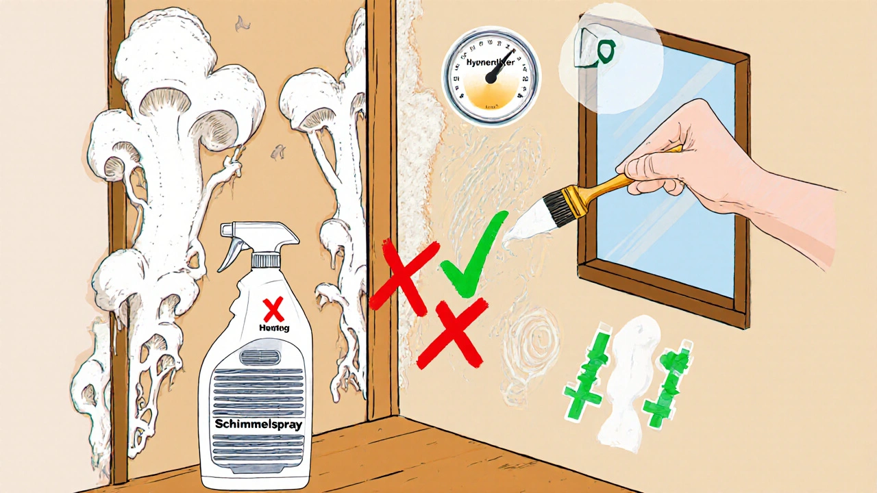 Schnitt durch eine Wand mit Schimmelpilz-Fäden, Vergleich von oberflächlichem Spray und tief wirkendem Mittel.