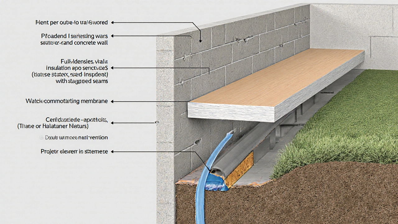 Schnittansicht einer Kellerwand mit Dämmung, Abdichtung und richtigem Gefälle zur Wasserabfuhr.