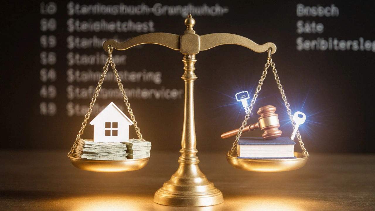 Waage mit Haus und Geld auf einer Seite, Notardienstleistung auf der anderen – Symbol für Rechtssicherheit.