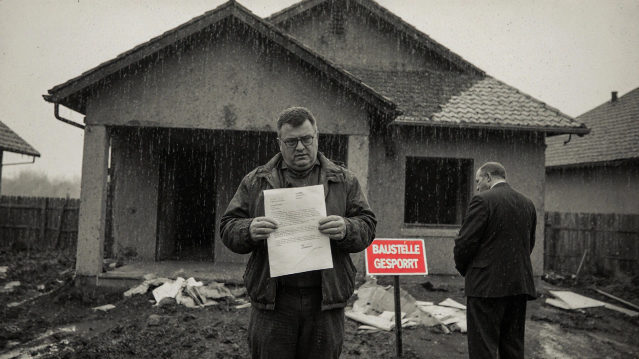 Bauherr vor halbfertigem Haus mit Wasserschaden, hält abgelehnte Versicherungsunterlagen.