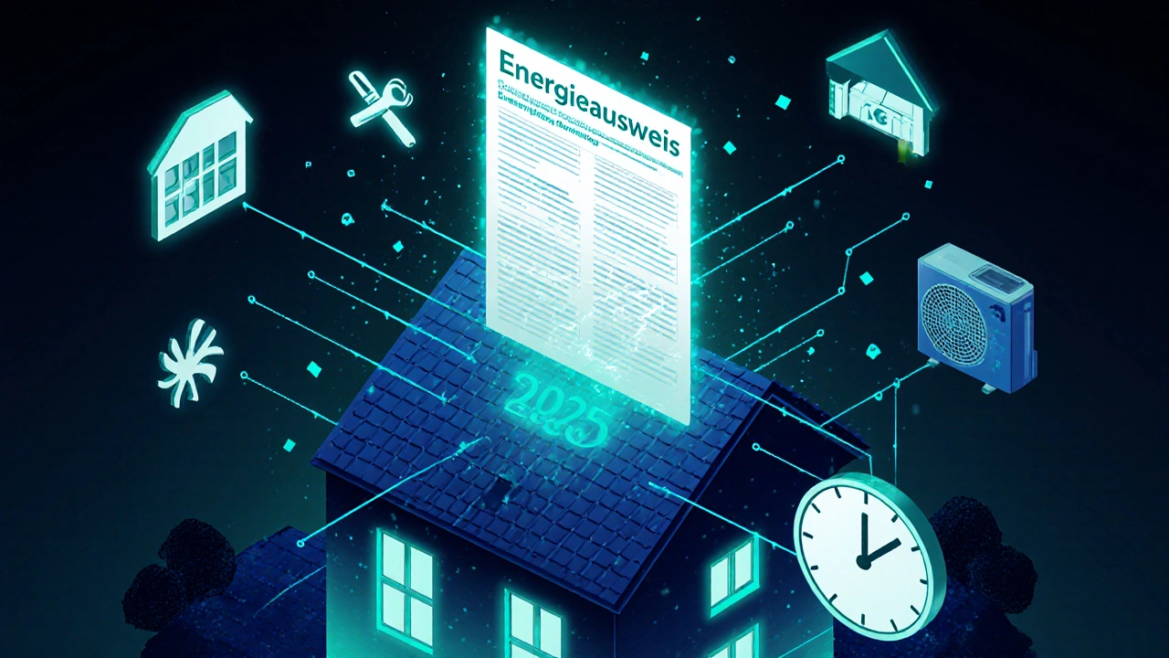 Digitaler Energieausweis mit Datenströmen zur zentralen Datenbank, Symbolik für 2025-Verschärfungen.