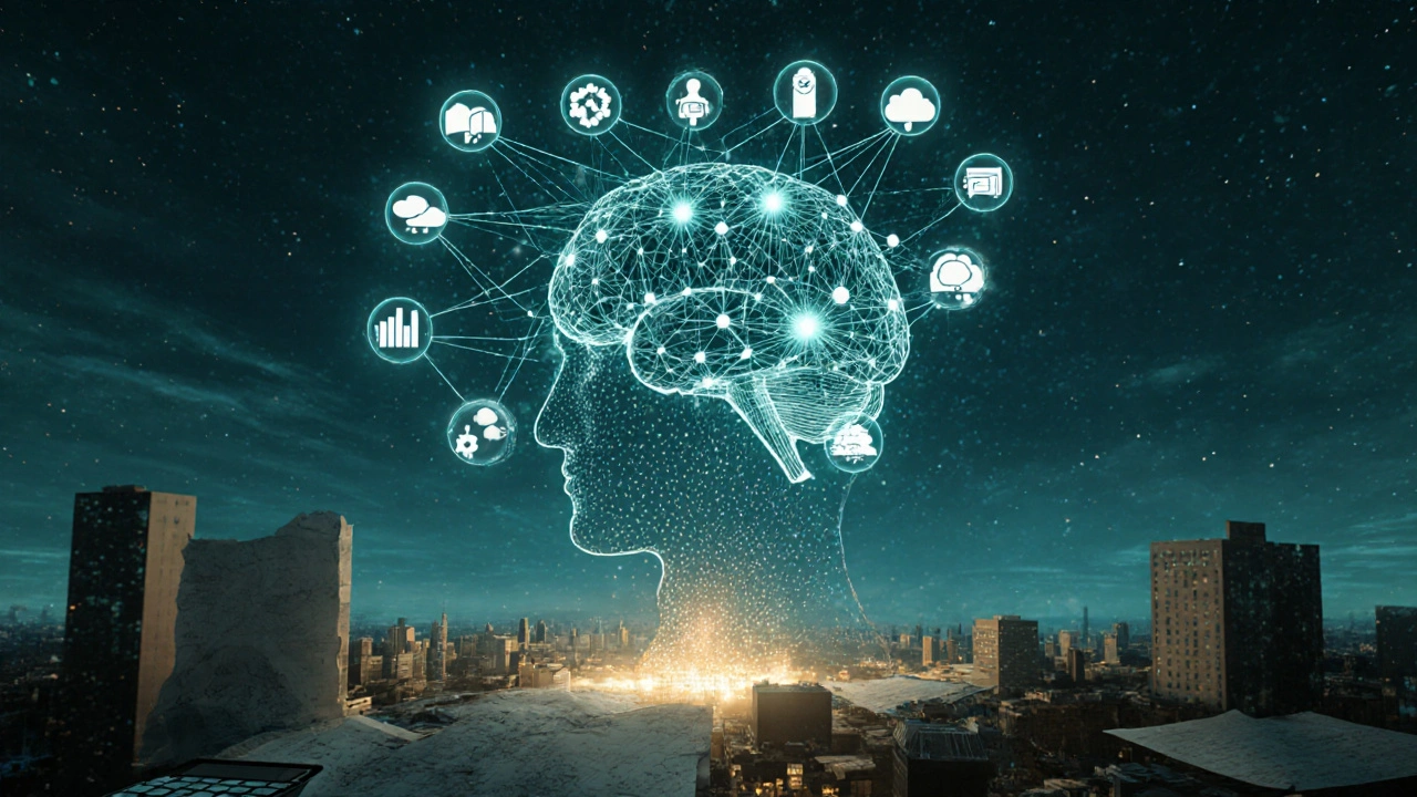 Digitales Gehirn aus vernetzten Datenquellen, das traditionelle Immobilienanalyse überwindet.