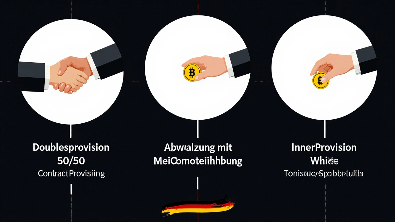 Drei Vertragsmodelle für Maklerprovisionen: Doppelprovision, Abwälzung und Innenprovision, visuell dargestellt.