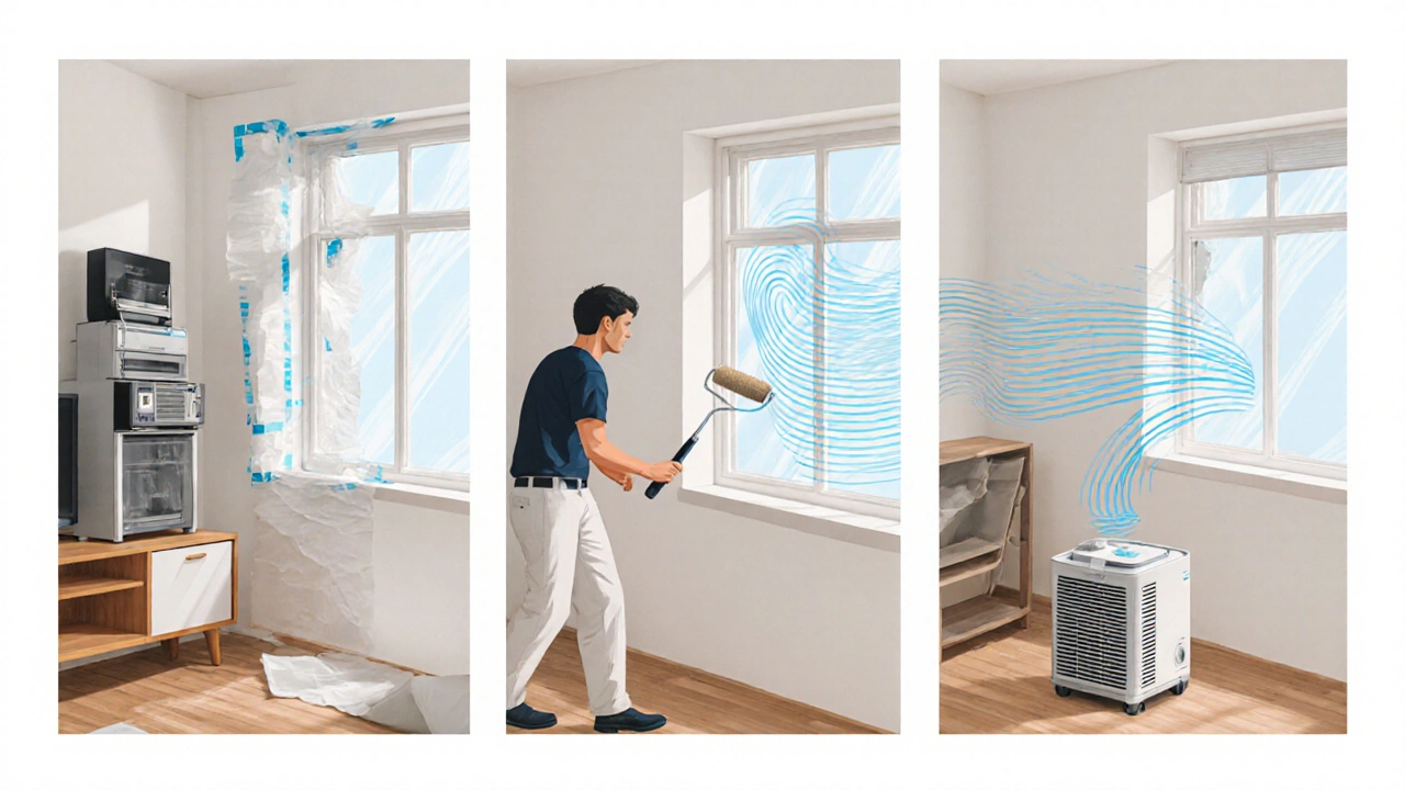 Dreiteilige Visualisierung des Renovierungsprozesses: Abdecken, Streichen, Lüften.