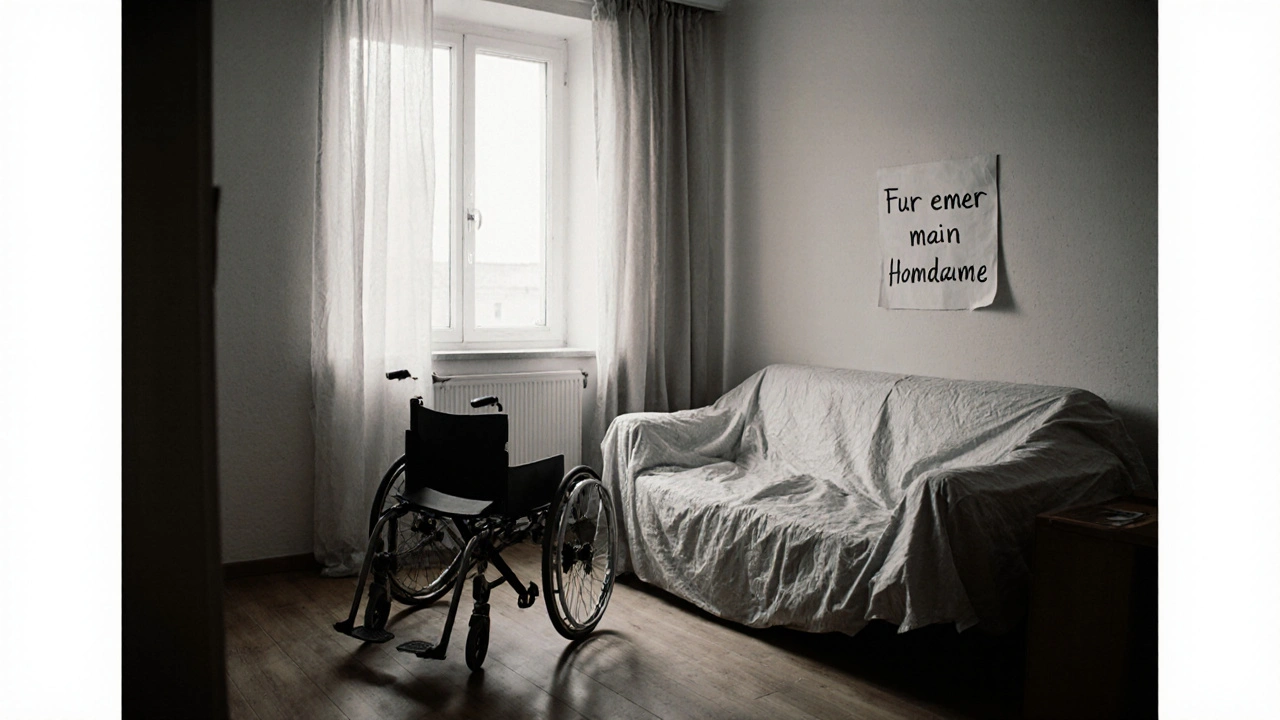 Ein leeres, aber gepflegtes Wohnzimmer mit einem Rollstuhl am Fenster, Symbol für das lebenslange Wohnrecht.