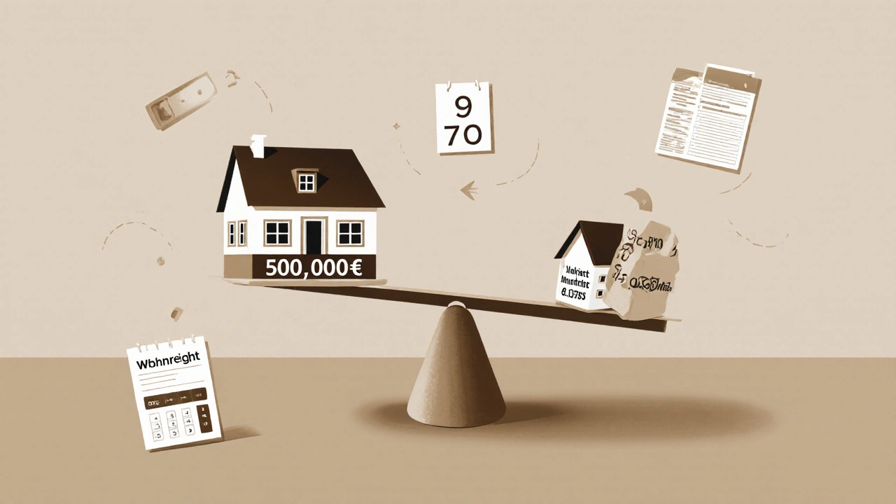 Eine Waage zeigt den Wert einer Immobilie und das abgezogene Wohnrecht als steuerliche Reduzierung.