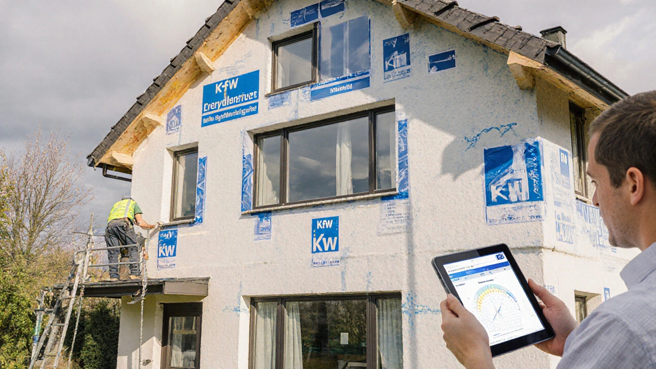 Fachleute installieren Außenisolierung und Dreifachverglasung an einem deutschen Einfamilienhaus.