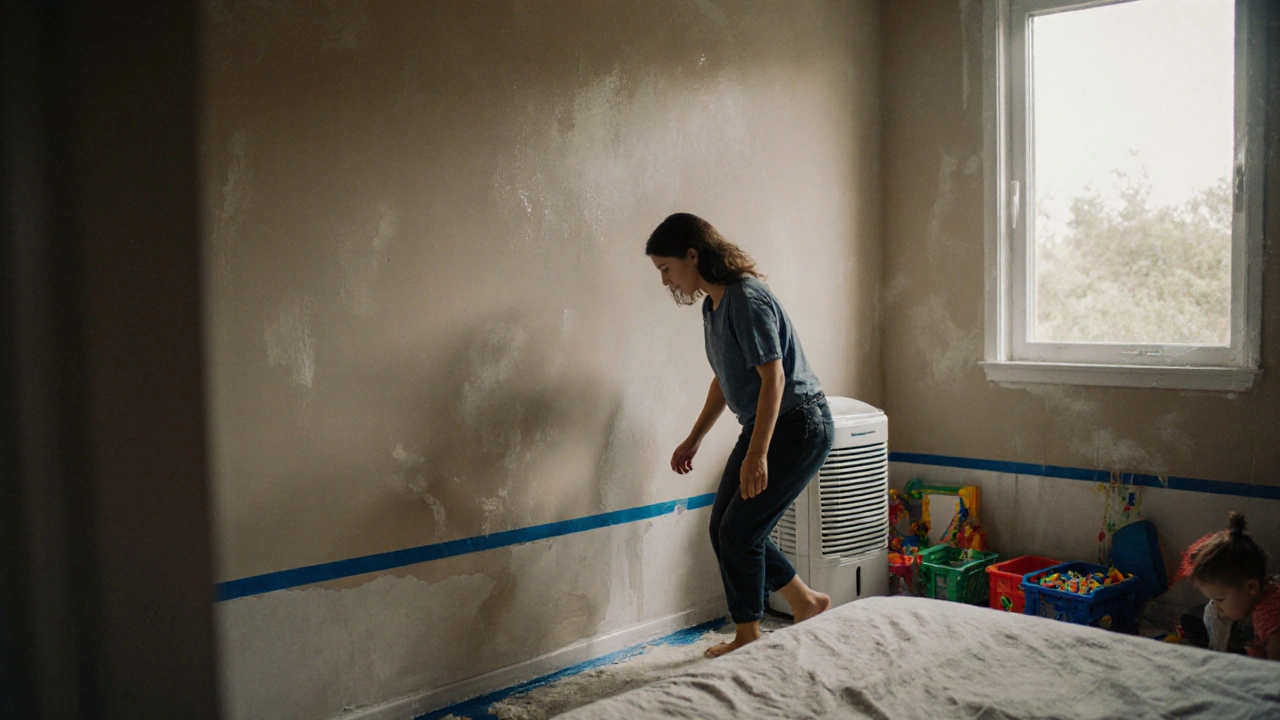 Familienmitglied betritt einen frisch mit Kalkfarbe gestrichenen Schlafzimmerbereich.