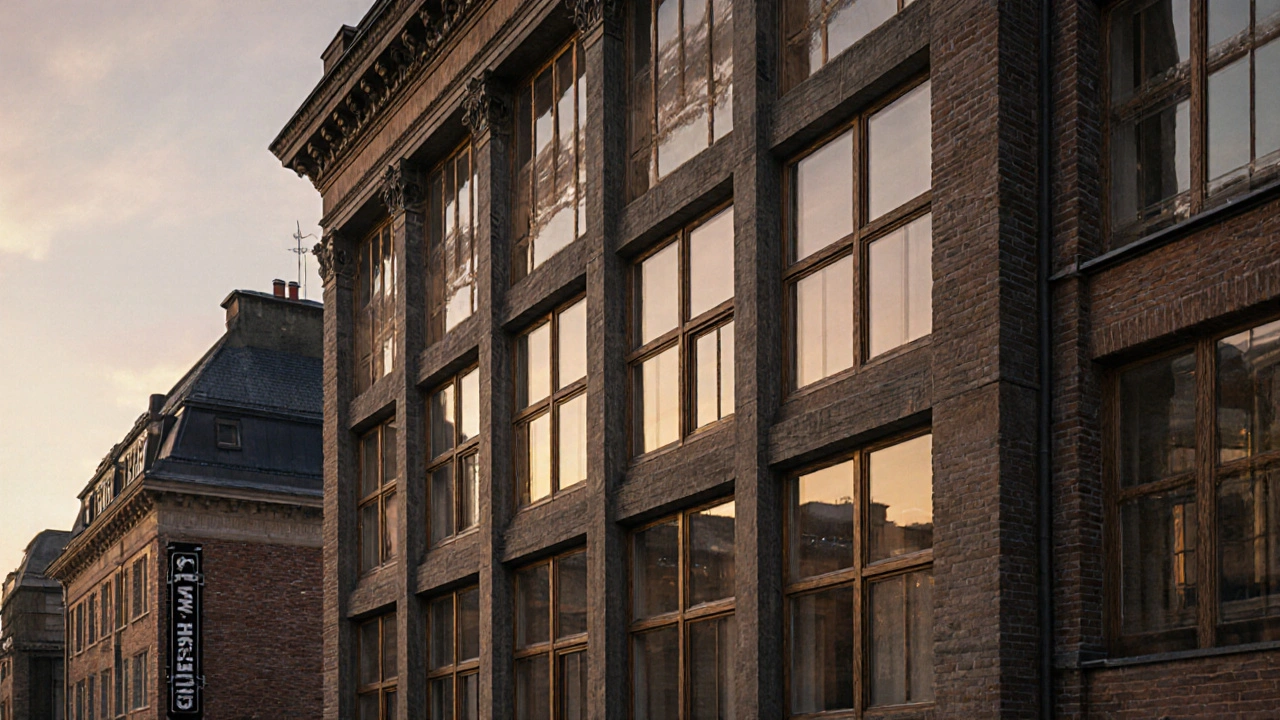 Fassade mit 87 restaurierten Denkmalschutzfenstern aus Holz-Aluminium-Verbundmaterial, äußerlich authentisch, innen energieeffizient, abendliches Licht.