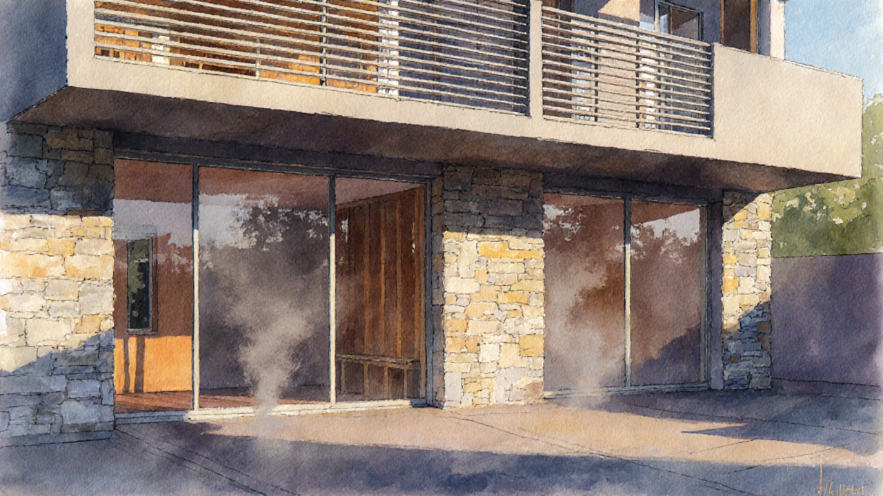 Fassade mit überstehendem Balkon und externen Lamellen, die Sonneneinstrahlung verhindern, während massive Innenwände sichtbar sind.