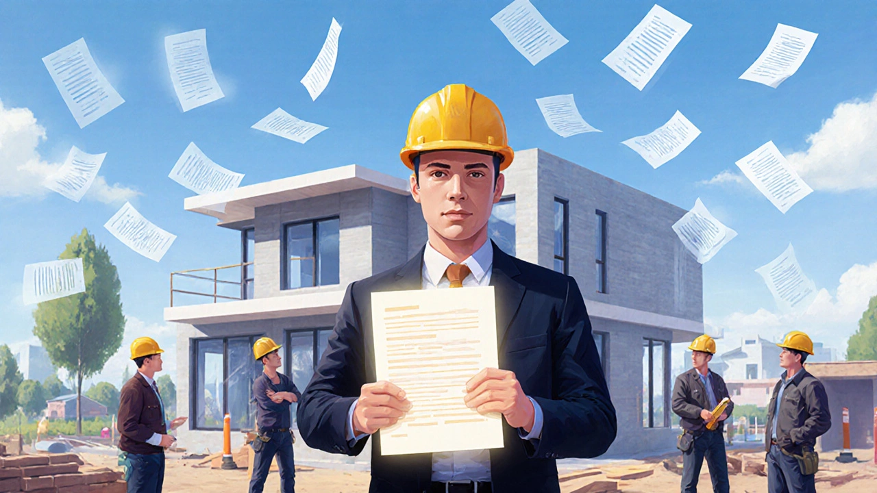 Generalunternehmer leitet Baustelle, alle Handwerker folgen ihm, ein Vertrag in der Hand.