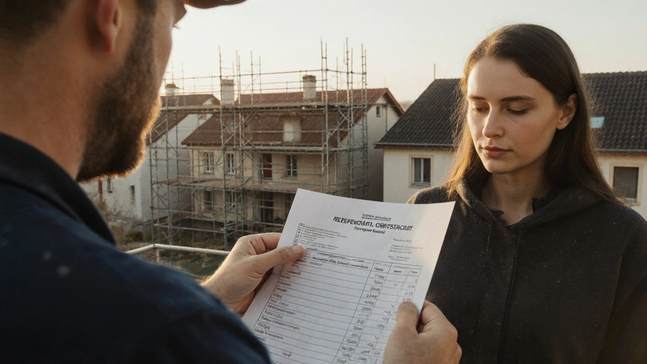 Gerüstbauer erklärt einem Hausbesitzer eine detaillierte Kostenaufstellung neben einem professionellen Gerüst.