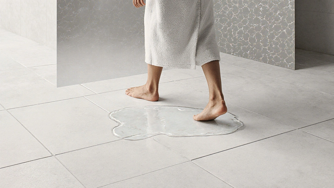 Großformatige Feinsteinzeugfliesen mit rauer Oberfläche in einem modernen Badezimmer, minimale Fugen, Wassertröpfchen auf der Fliese.