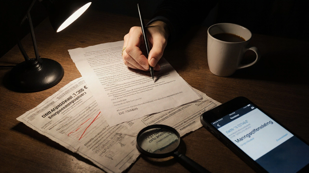 Hand schreibt Kaufvertrag mit dokumentierten rechtlichen Risiken
