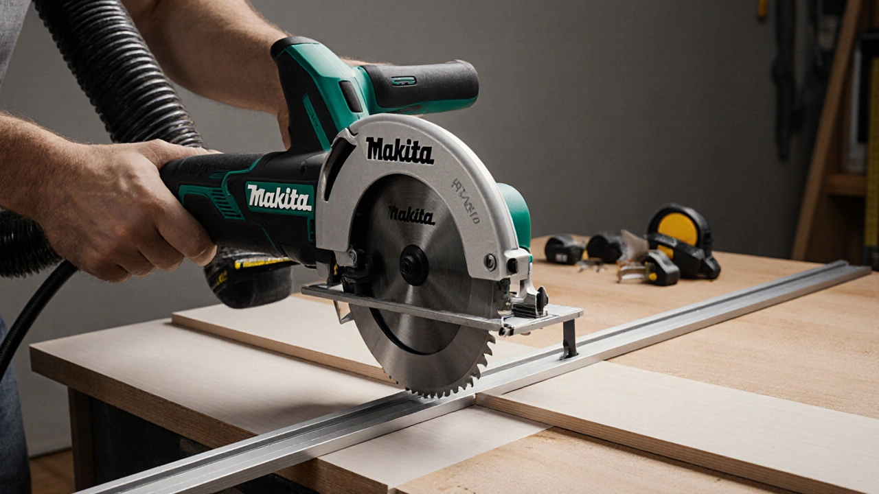 Handkreissäge mit Führungsschiene schneidet präzise eine lange Spanplatte.