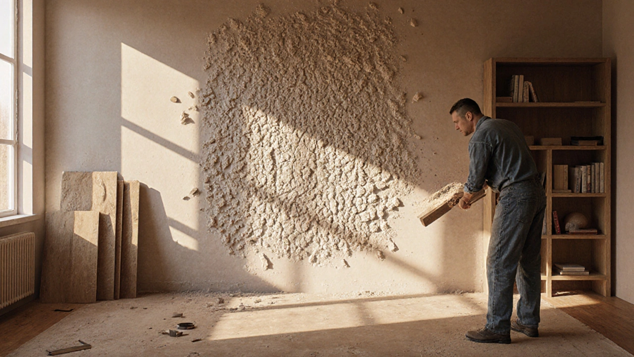 Handwerker erstellt mit Nagelbrett Kratzputz an einer Wand, Sonnenlicht beleuchtet die Textur.