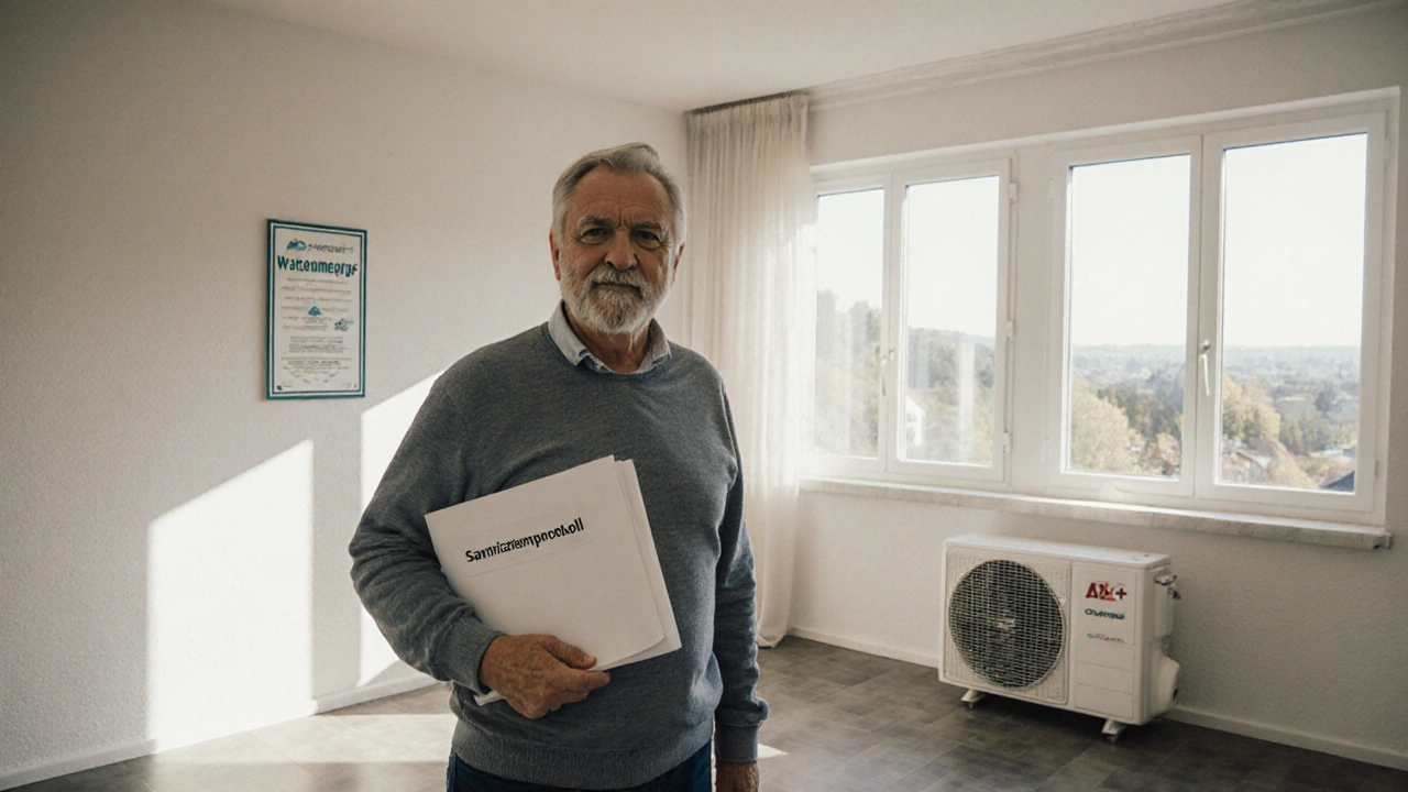 Hausbesitzer in einem renovierten Wohnzimmer mit Energieausweis A+ an der Wand.