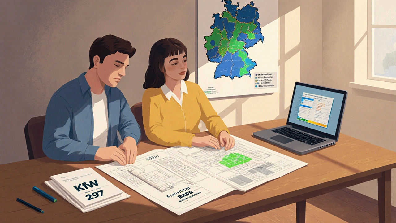 Hausbesitzer und Energieberater besprechen Baupläne mit KfW- und BAFA-Förderdokumenten an einem Tisch.