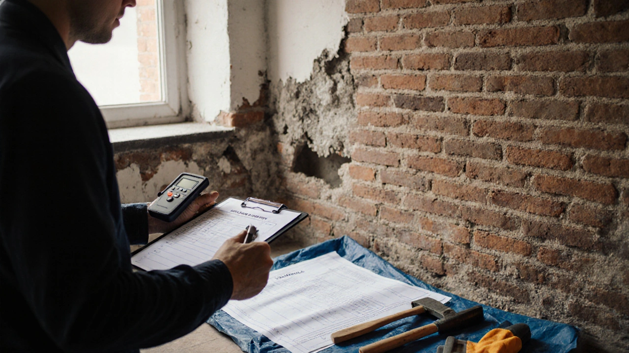Holzschutz-Sachverständiger misst mit Messgerät die Feuchtigkeit in einer alten Ziegelwand.