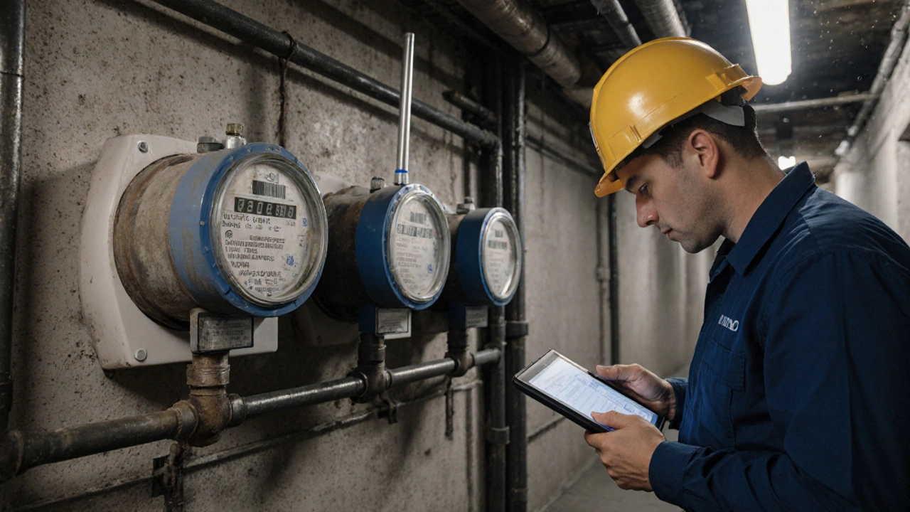 In einem Technikschacht einer Mehrfamilienwohnung sind drei Wasserzähler an der Wand angebracht, zwei alt, einer modern.